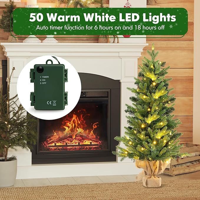 HAPPYGRILL 3FT Small Pre-Lit Christmas Tree, Mini Tabletop Xmas Tree with 363 Branch Tips, 50 LED Lights, Burlap Cement Base, Timer, Artificial Spruce Christmas Tree for Home Office Decor