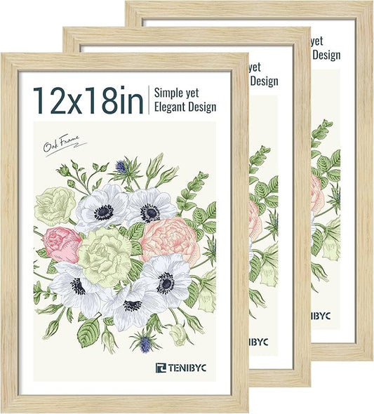 12x18 Poster Frames Set - 3 Pack - Natural Oak Wood - Tempered Glass - for Wall Photos, Family Memories, Posters & Puzzles, Home Decor