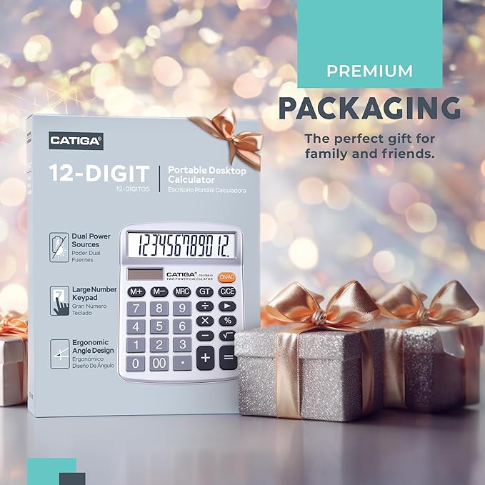 CATIGA 12 Digits Desktop Calculator with Large LCD Display, Dual Solar Power and Battery, Standard Function for Office, Home, School, CD-2786