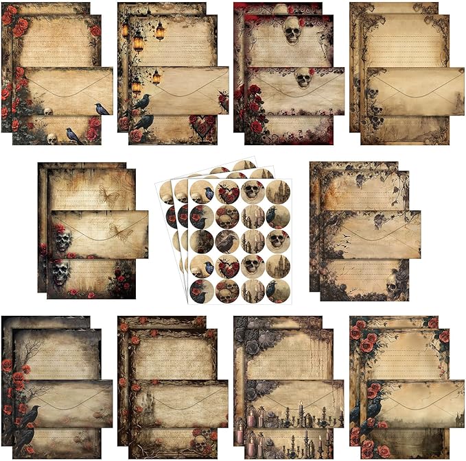 TaoBary 160 Pcs Stationery Paper Set 50 Double Sided Stationery Papers with 50 Matching Envelopes and 60 Round Dot Sticker, 10 Design(Gothic Style,8.5 x 11 Inch)