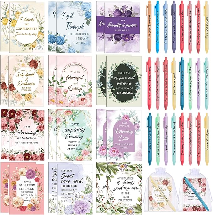 24 Set/48Pcs Positive Affirmation Gift Set Gratitude Notebooks with Pens Small Bags Motivational Encouragement Notepad Daily Affirmations Journal for Women Stress Relief Self Care (Watercolor)