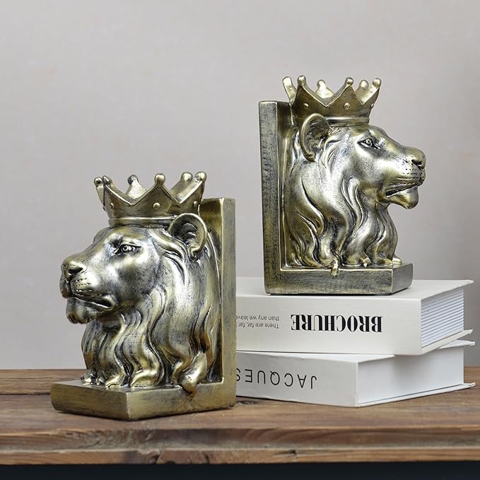Vintage Gold Lion Book Ends,Animal Decorative Bookends,Resin Book Holder,Luxurious Book Ends for Shelves Rooms Office Home Decor,Unique Book Lover Gift(Gold Lion)