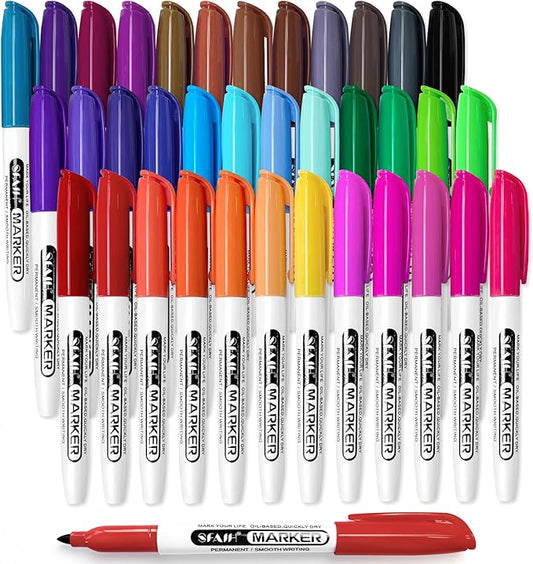 SFAIH 36 Colors Permanent Markers - Assorted Vibrant Colors, Quick Drying, Fade Resistant, Alcohol-Based Fine Point Permanent Markers for Paper, Plastic, Wood, Coloring, Drawing Doodling, Waterproof