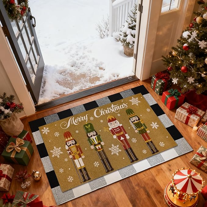 2 Pcs Christmas Welcome Doormats 30 x 17 Inch Christmas Nutcracker Coir Door Mats for Front Doors Nonslip 2-in-1 Seasonal Buffalo Plaid Rug for Holiday Outside Entrance Porch Home Decor