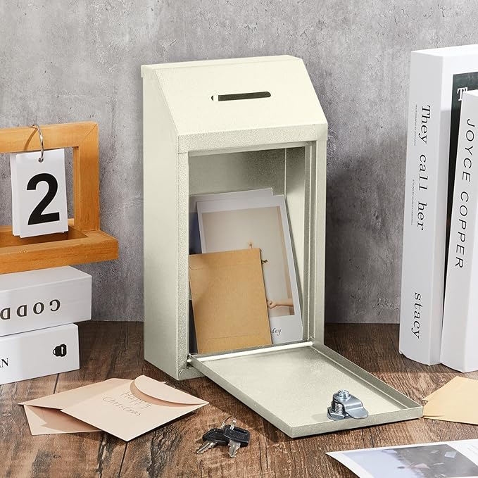 Metal Donation Cash Box Collection Safe Suggestion Box with Lock Wall Mounted Mailbox Delivery Ballot Container for Home Office Outdoor Door