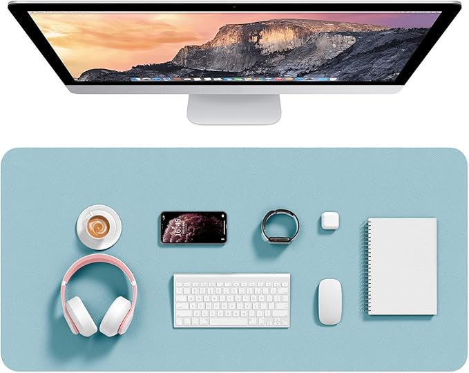 Hsurbtra Desk Pad, 35.5" x 17" PU Leather Desk Mat, XXL Extended Mouse Pad, Waterproof Desktop Blotter Protector, Non-Slip Ultra Thin Large Laptop Keyboard Writing Mat for Office Home, Lake Blue