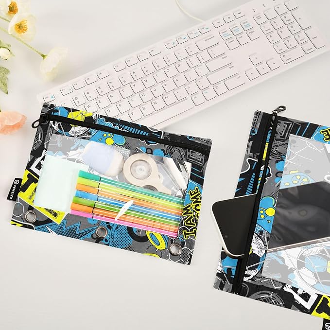 ZAZYXTJ Soccers Binder Pencil Pouchs 3 Ring with Zipper Clear Window Office Organizers bag for School Students Teacher Supplies 2 Pack