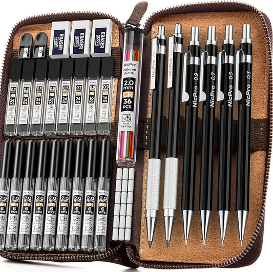 Nicpro 33PCS Black Metal Mechanical Pencil Set in Leather Case, Art Drafting Pencil 0.3, 0.5, 0.7, 0.9 mm, 2mm Lead Holders for Sketching Drawing With 18 Tube (6B 4B 2B HB 2H 4H Colors) Lead Refills