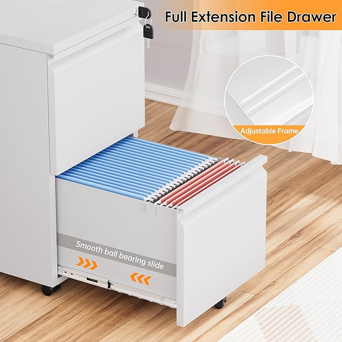 INTERGREAT 2 Drawer File Cabinet, Metal Filling Organizer with Lock, Locking Office Mobile Cabinet with Wheels for Legal/Letter Size, Under Desk, White