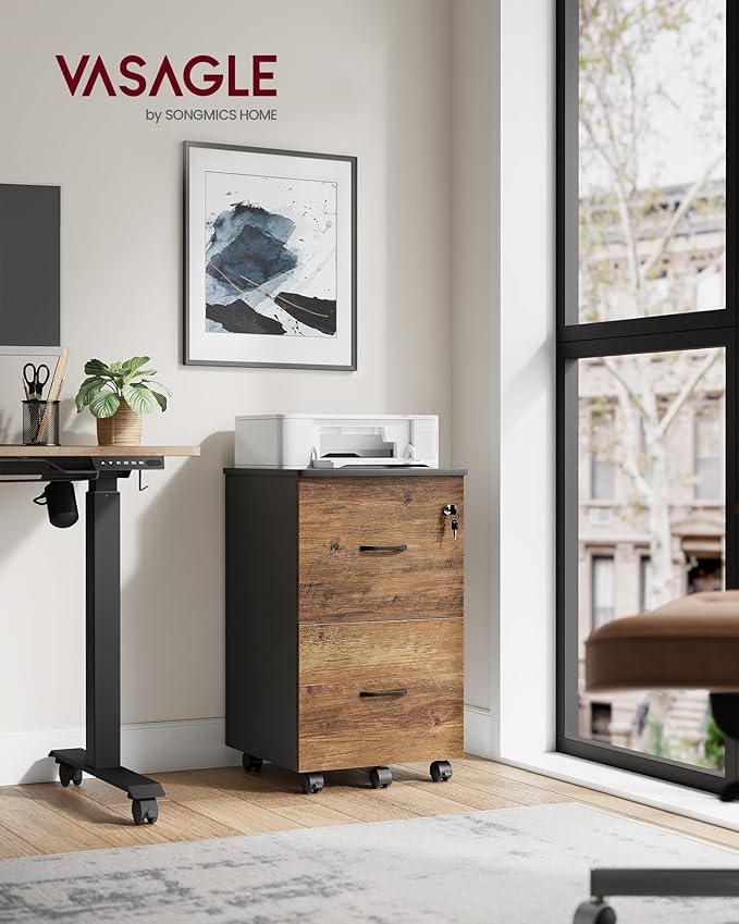VASAGLE 2-Drawer File Cabinet, Locking Filing Cabinet for Home Office, Small Rolling Printer Stand, A4, Letter-Size Hanging Files, Assembly Required, Honey Brown and Ink Black ULCD027B01