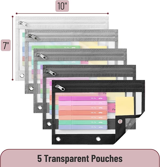 Mr. Pen- 5 Pack Pencil Pouches with Clear Window, Zipper Pouch for 3 Ring Binder