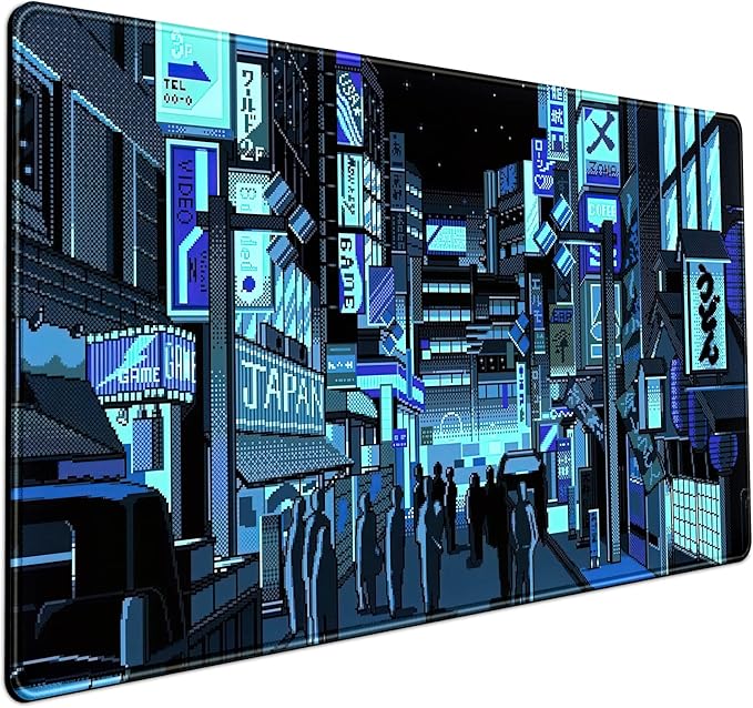 Japanese Gaming Arcade Blue Large Gaming Mouse Pad Keyboard Desk Pad Extended Mouse Pad Gaming Office Decor, Pc Laptop Mouse Pads Large (31.5x15.7 in) with Stitched Eges Non-Slip Base Mousepad XXL