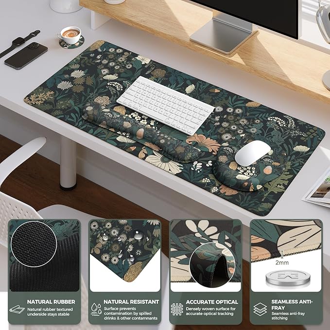 iCasso Desk Cover Mat, 4in1 Floral Large Mouse Pad with Wrist Rest, Desk Matt for Desktop, Anti-Slip XXL Big Computer Ergonomic Mousepad with Wrist Support for Keyboard and Mouse (Weeds)