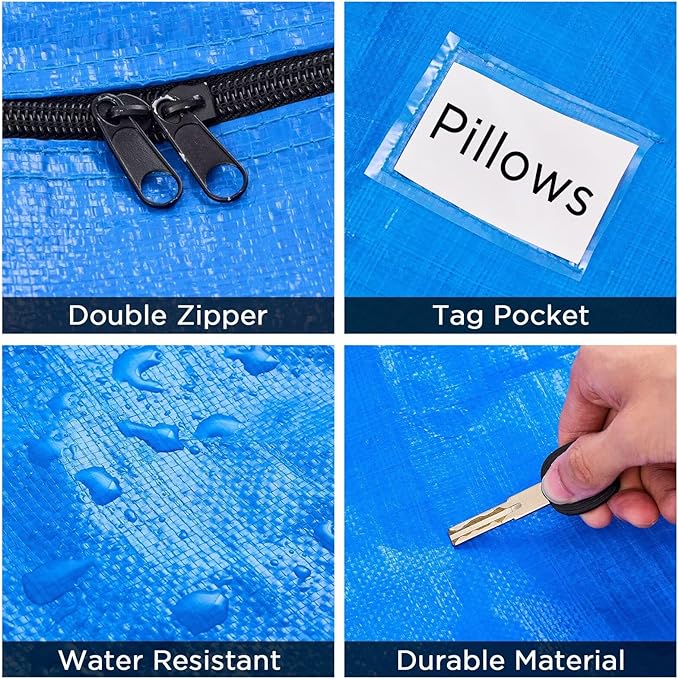 BETU Extra Large Moving Bags Heavy Duty Storage Bags with Zipper Handles, 12 Pack Clothes Storage Totes Bins Packing Moving Boxes, Moving Supplies for College Dorm Essentials, Space Saving, Blue