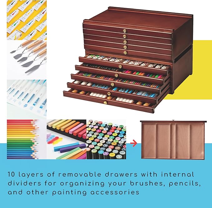 MEEDEN 10-drawer Wood Artist Supply Storage Box, Portable Beechwood Multifunctional Pencil Brush Organizer Wood Box with Drawer&Compartments for Pastels, Pencils, Pens, Makeup Brushes(Mahogany Color)