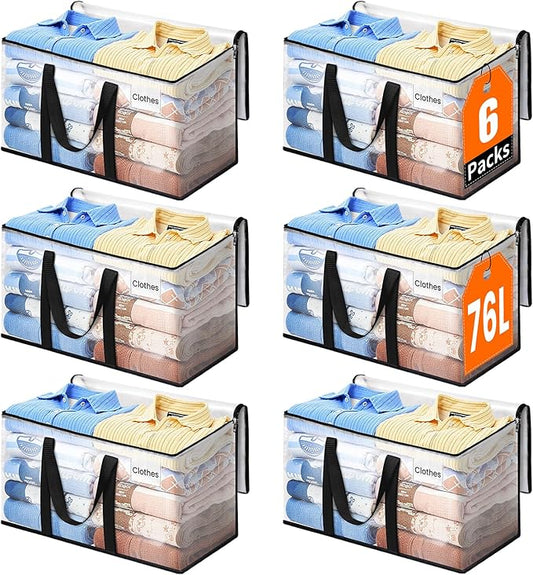 Extra Large Heavy Duty Moving Bags, Storage Bags with Strong Zippers & Handles, Packing Bags for Moving Essentials, Ideal Storage Tote for Home, Dorm & Storage Solutions, 76L, 6 Packs, Clear