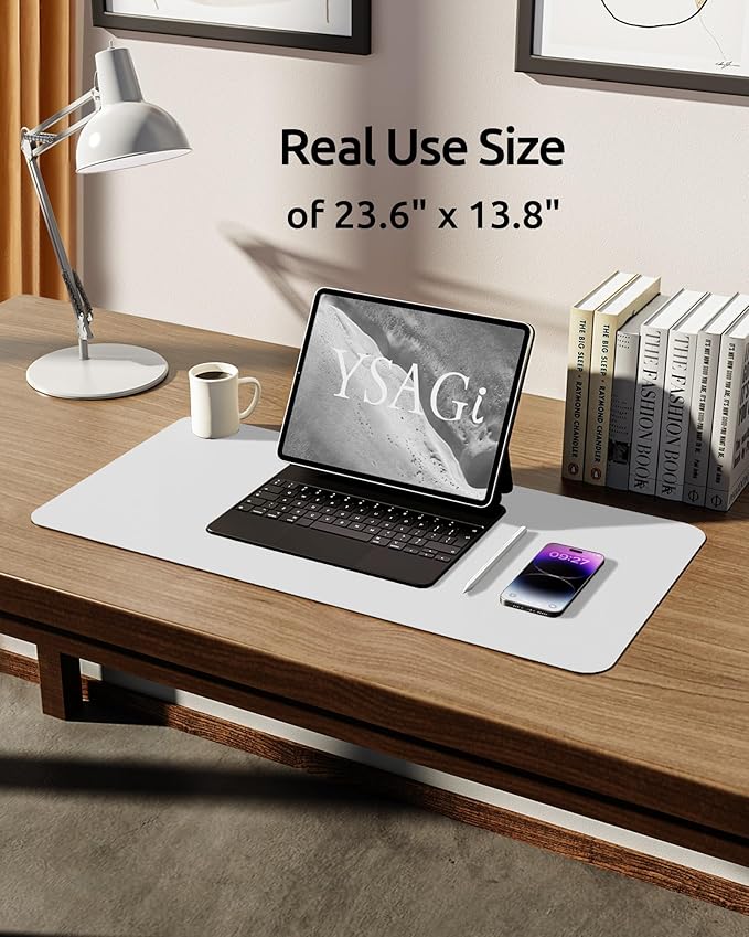 YSAGi Leather Desk Protector, Office Mat, Large Mouse Mat, Non-Slip PU Leather Blotter, Laptop Desk, Waterproof Writing Pad for Office and Home (White, 23.6" x 13.8")