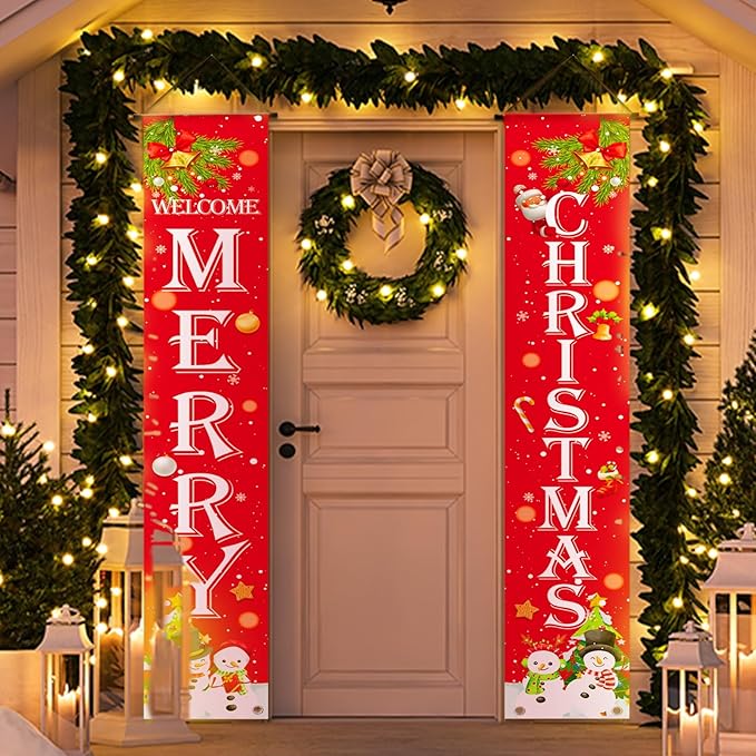 Ideal Christmas Porch Door Decorations, Large 71x12in, Premium Merry Christmas Banner, NO-DIY, Classic Design, HQ Fabric, HD Printing, Perfect for Outdoor Christma s Decorations Indoor