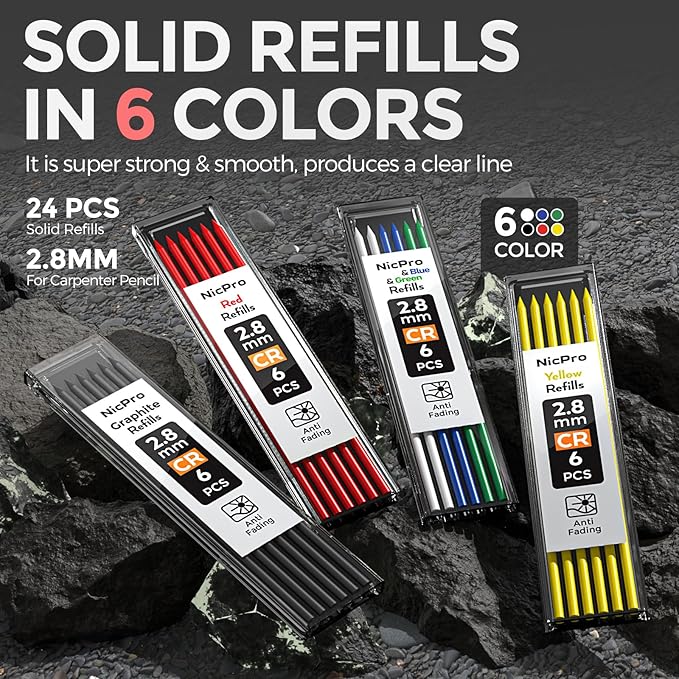 Nicpro 2 Pack CP1000 Carpenter Pencil with Sharpener, Mechanical Carpenter Pencils with 26 Refills, Deep Hole Long Nib Marker Pens for Construction, Heavy Duty Woodworking Pencil for Architect Marking