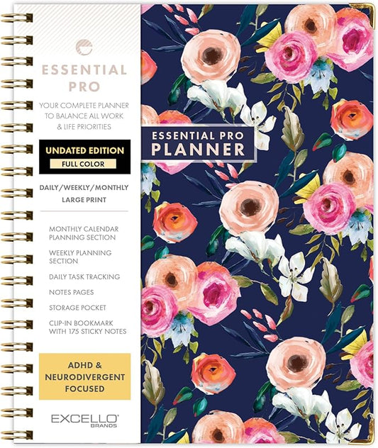DELUXE ESSENTIAL PRO Undated Daily, Weekly & Monthly Planner,Monthly Tabs,Daily Tracking,Notes Pages,Storage Pocket,Bookmark w Sticky Notes (Small Navy Floral)