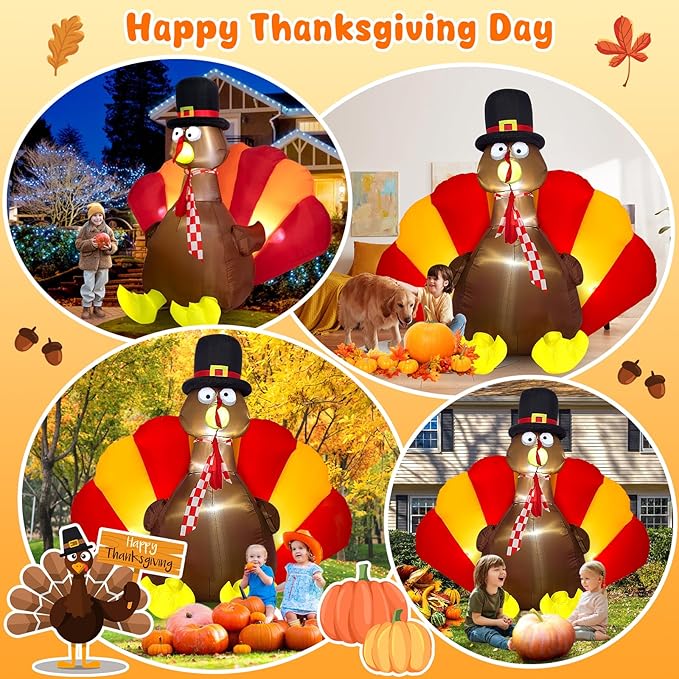 Sizonjoy Inflatable Turkey Decorations,6 Ft Thanksgiving Inflatables Outdoor Decorations with Built-in LED Lights & Fan Outdoor Thanksgiving Decor