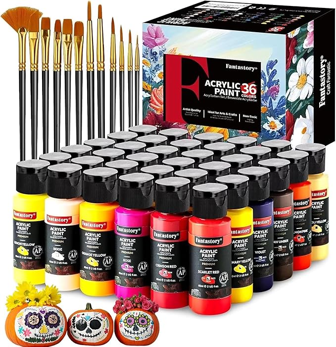 Fantastory Acrylic Paint Set 36 Classic Colors(2oz /60ml) with 12 Brushes, Professional Craft Thick Paints Kits for Adults, Canvas Wood Fabric Ceramic Rock Painting Supplies [Professional Series]