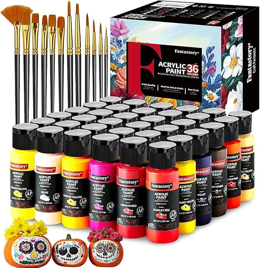 Fantastory Acrylic Paint Set 36 Classic Colors(2oz /60ml) with 12 Brushes, Professional Craft Thick Paints Kits for Adults, Canvas Wood Fabric Ceramic Rock Painting Supplies [Professional Series]