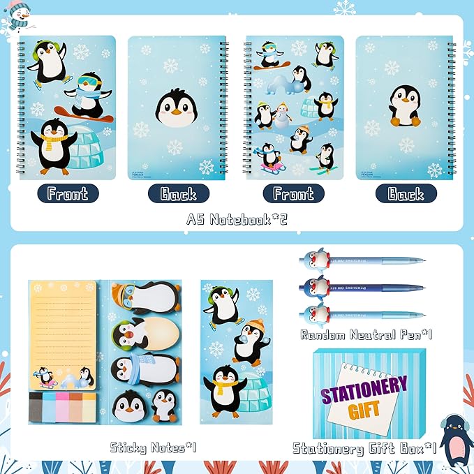B1ykin 3Pcs Penguin Notebook Sticky Notes Stationery Gift Set, A5 Spiral Notebooks & 550 Sheets Sticky Notes with Silicone Penguin Neutral Pen Kit for Office School Kids Students Birthday Supplies