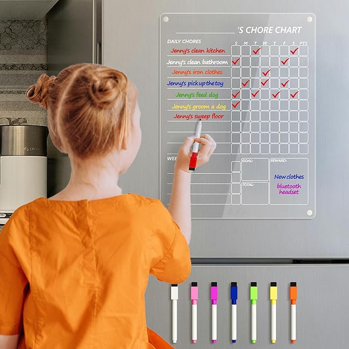 Acrylic Magnetic Chore Chart for Kids, Clear Dry Erase Chores Chart for Fridge Refrigerator, Responsibility Reward Planning Board for Teens Family, w/ 8 Colors Markers, 12"x9"