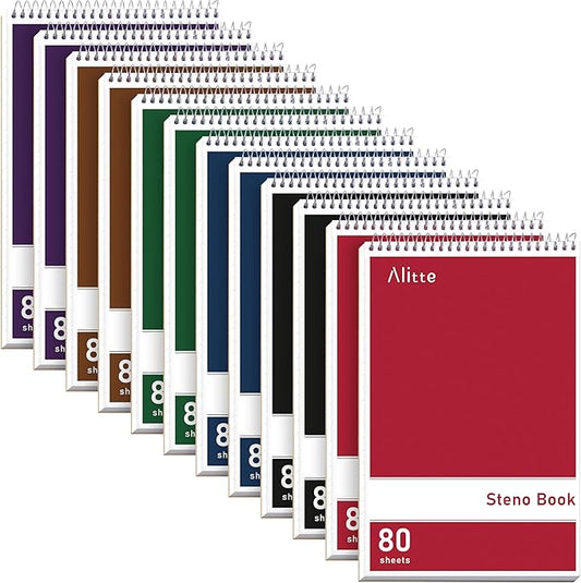 Steno Pads Spiral 6x9-12 Pack Assorted Bright Colors - Perfect for Work, School, and Home Use, Easy Tear-Off Pages, Gregg ruled, White Paper - No Ink Bleeds - 80 Sheets