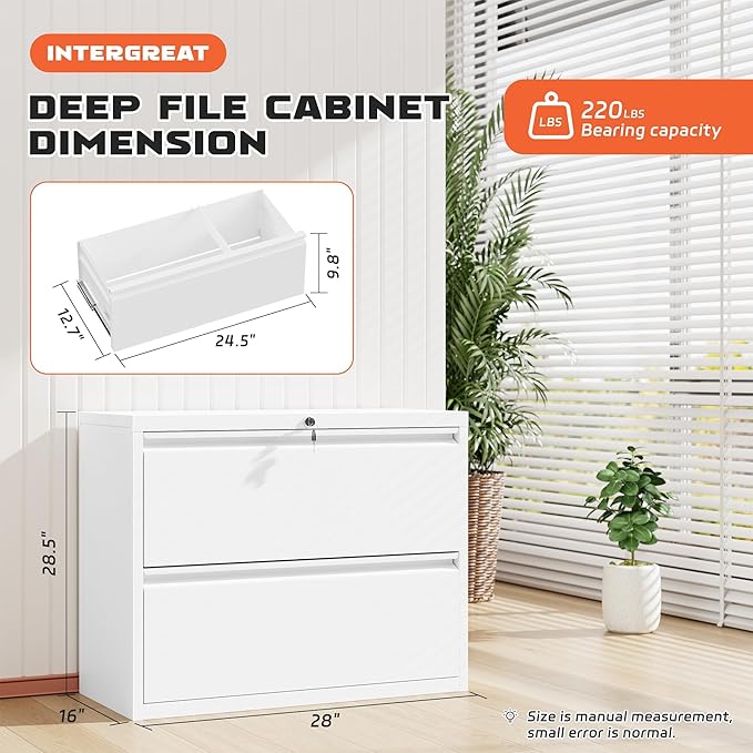 INTERGREAT Lateral File Cabinet 2 Drawer, Metal 2 Drawer White Filing Cabinet with Lock for Home Office, Locking File Cabinets for Letter/Legal/F4/A4 Size Hanging Files, Easy Assembly