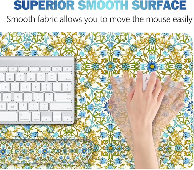 ARTSO Large Gaming Mouse Pad with Wrist Rest Wrist Support, Ergonomic Keyboard Mat Wrist Rest Desk Pad, Home Office Desk Accessories Decor Supplies, Blue Green Bohe Flower Plant