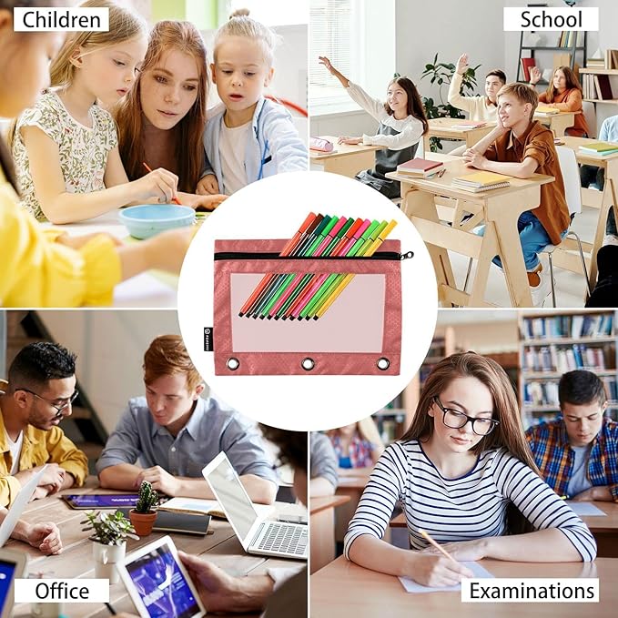 Gredecor Binder Pencil Pouch 3 Ring Indian Red Zipper Pencil Pouches Case 2 Pack Clear Binder Organizer for School Office