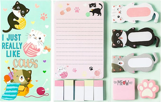 Xqumoi I Just Really Like Cat Sticky Notes Set, 550 Sheets, Cute Cat and Paw Shaped Self-Stick Notes Pads Animal Divider Tabs Bundle Writing Memo Pads Back to School Office Supplies Small Gift
