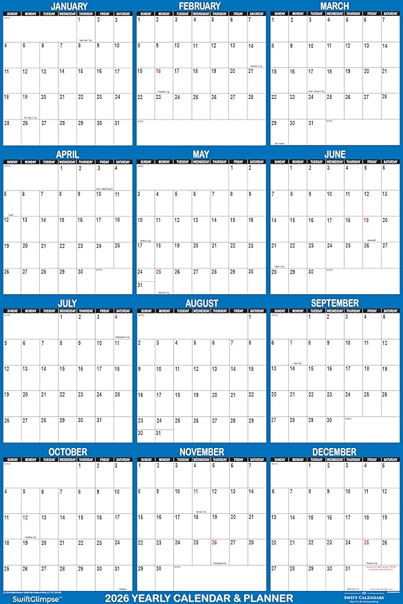 24" x 36" SwiftGlimpse 2026 Wall Calendar Erasable Large Wet & Dry Erase Laminated 12 Month Annual Yearly Wall Planner, Reversible, Horizontal/Vertical, Navy
