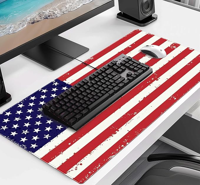 Large Gaming Mouse Pad with American Flag, XXL Laptop Mouse and Keyboard Pad, 35.4 x 15.7-Inch Office Desk Decoration
