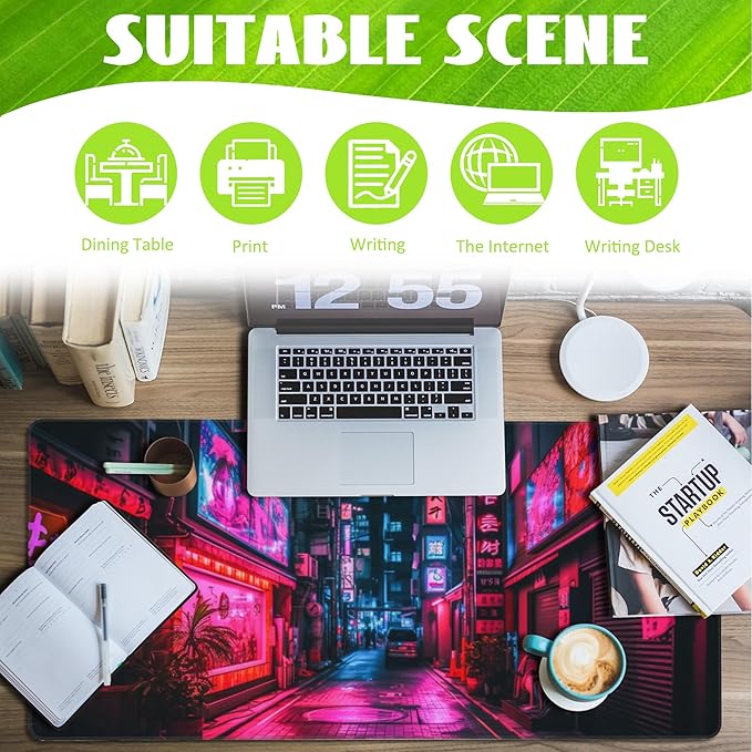 Desk Mat,Japanese Anime Neon Street Desk Pad,Anime City Large Gaming Mouse Pad for Desk,Extended Big Computer Keyboard Mouse Pad with Non-Slip Base and Stitched Edge,35.4"x15.7"