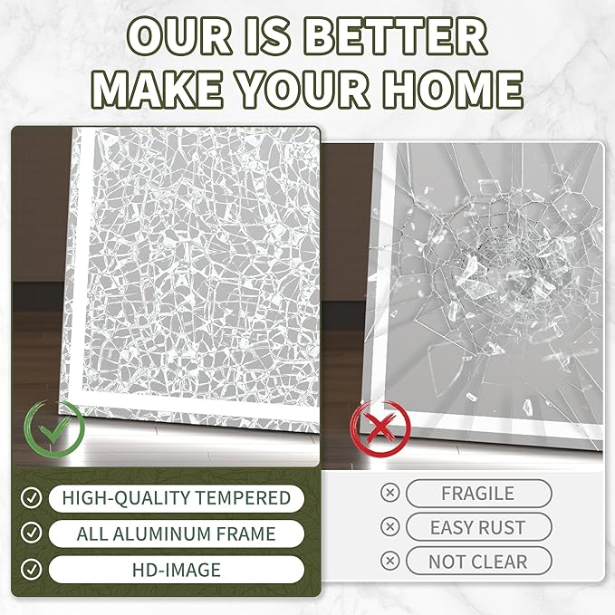 Hasipu Full Length Mirror with Lights, 75" x 28" LED Lighted Floor Standing, Full Body Dressing Hanging Mounted Mirror, Dimmable, Tempered Glass, Safe to Use, Square Black