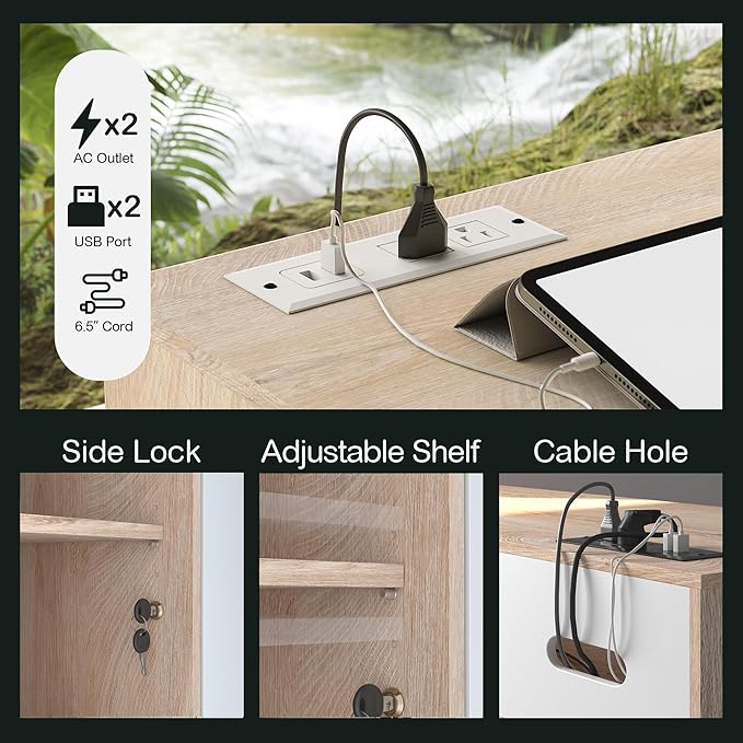 4 Drawer File Cabinet, Wood Filing Cabinet for Home Office with Lock, Power Strip, Storage Shelves, Home Office Lateral File Storage Fits Legal/Letter Size, Light Walnut