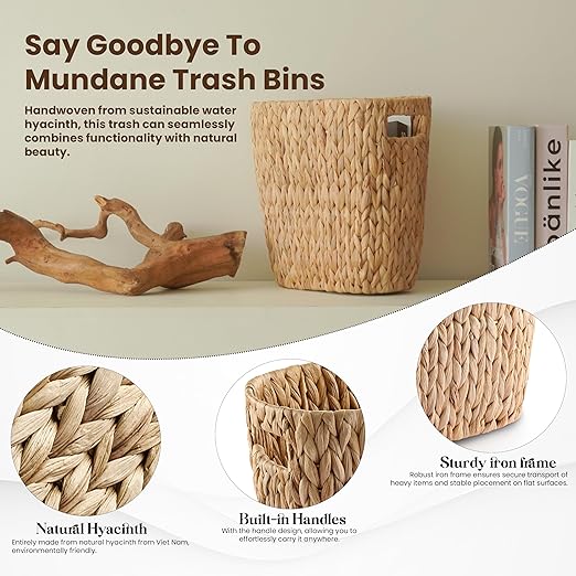4 Gallons Wicker Waste Basket for Bathroom - Water Hyacinth Wicker Trash Can – Kitchen, Bathroom Garbage Can, Oval Magazine Basket - Desk Trash Can, Office Garbage Can with Open Top, Handles