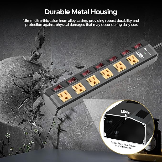 CRST 6 Outlet Metal Heavy Duty Power Strip with Individual Switches, 6FT Wall Mount Garage Power Strip, Surge Protector (1200 Joules), 15amp/1875W, 14AWG SJT Power Cord