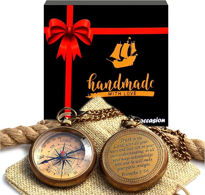 Trust in The Lord With All Your Heart - Proverbs 3:5-6 Quote Engraved Compass With Wooden Box, Greeting Card, Gift Compass, Graduation Day Gifts 2024 for Women Men Boys Girls