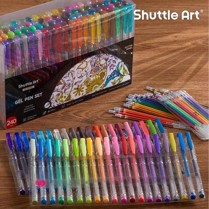 Shuttle Art 240 Pack Glitter Gel Pens, 120 Colors Glitter Gel Pen Set with 120 Refills for Adult Coloring Books Craft Doodling