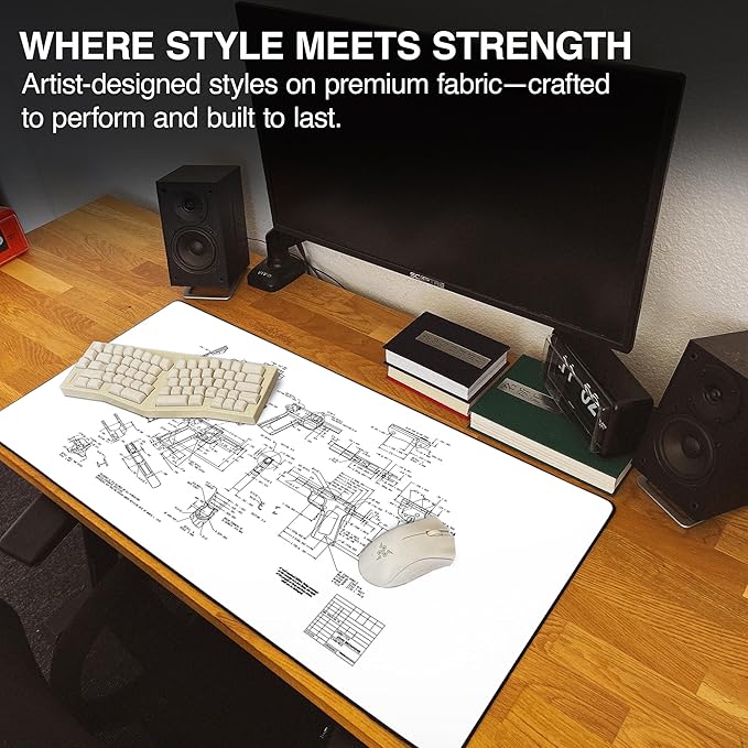 MPCO. Blueprints Large Gaming Desk Pad - 36" x 17" Duraglyde Fabric Browning 1911 – White Desk Mats - Non-Slip, Washable, Smooth Glide for Precision Gaming & Work