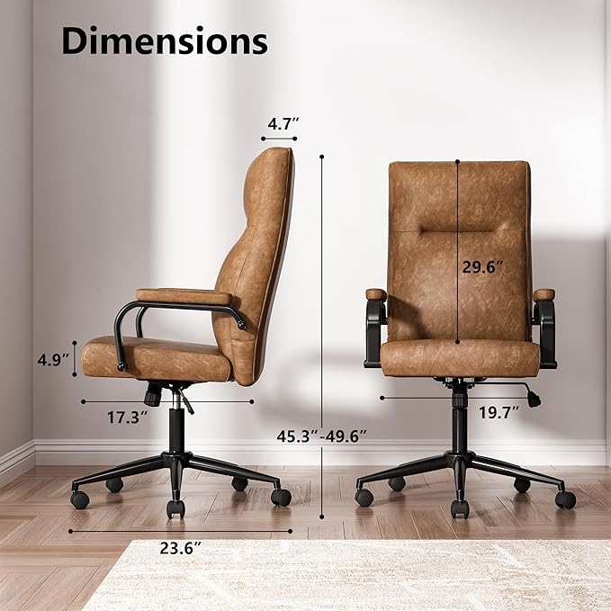 Brown Leather Office Chair with Wheels, Memory Foam Height Adjustable Computer Deak Chair, Rolling Swivel Executive Chair for Home Office
