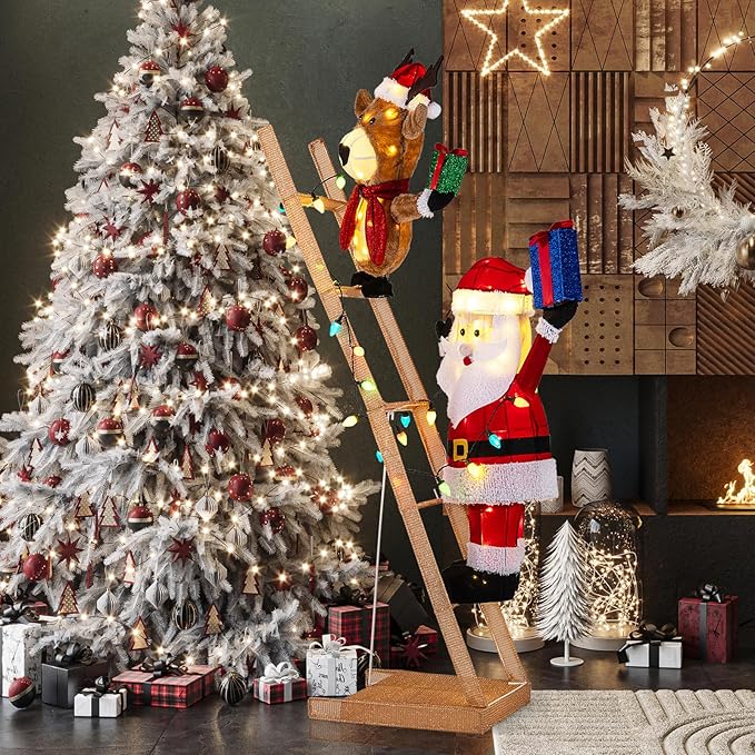 Tangkula 5.5 FT Lighted Reindeer & Santa Claus on Ladder, 3D Pre-Lit Indoor Outdoor Christmas Decoration with 100 LED Lights, Zip Ties and Ground Stakes, Xmas Holiday Decoration for Home Yard Porch