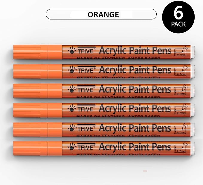 Orange Marker Paint Pens - 6 Pack Acrylic Orange Permanent Marker, 0.7mm Extra Fine Tip Paint Pen for Art Projects, Drawing, Rock Painting, Ceramic, Glass, Wood, Plastic, Metal, Canvas DIY Crafts
