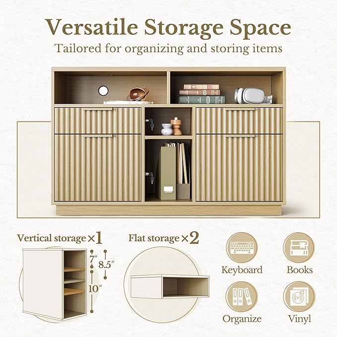 4 Drawer File Cabinet, Fluted Wood Lateral Filing Cabinet with Lock and Charging Station for Home Office, Printer Stand with Open Storage Shelves, Fits A4, Letter Size, Light Waulnut