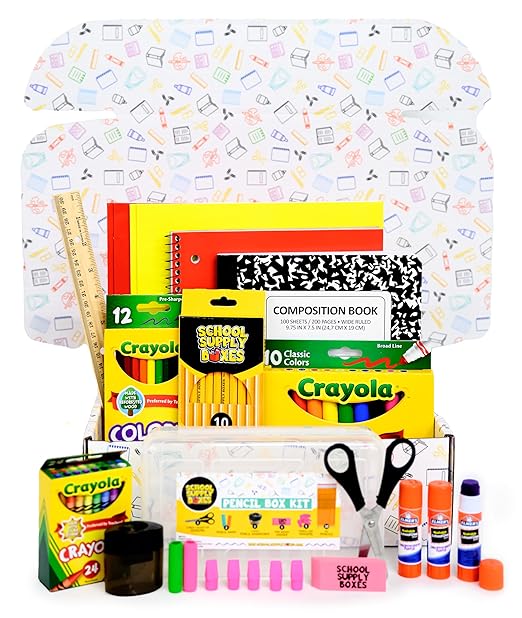 Back to School Supply Box Grades K-5 - School Supply Boxes - 32 Piece School Supplies Kit Includes Markers, Crayons, Pencils, Scissors, Folders, Glue Sticks, Notebook, and Composition Book