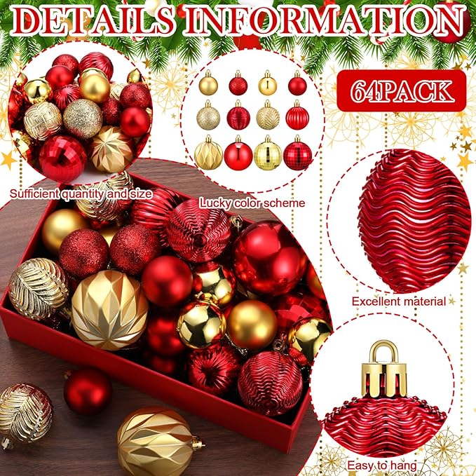 64 Pcs Red and Gold Christmas Ball Ornaments Glitter Matte Xmas Tree Ornaments 1.6 1.97 2.4 Inch Shatterproof Assorted Size Christmas Baubles for Tree Home Indoor Decor
